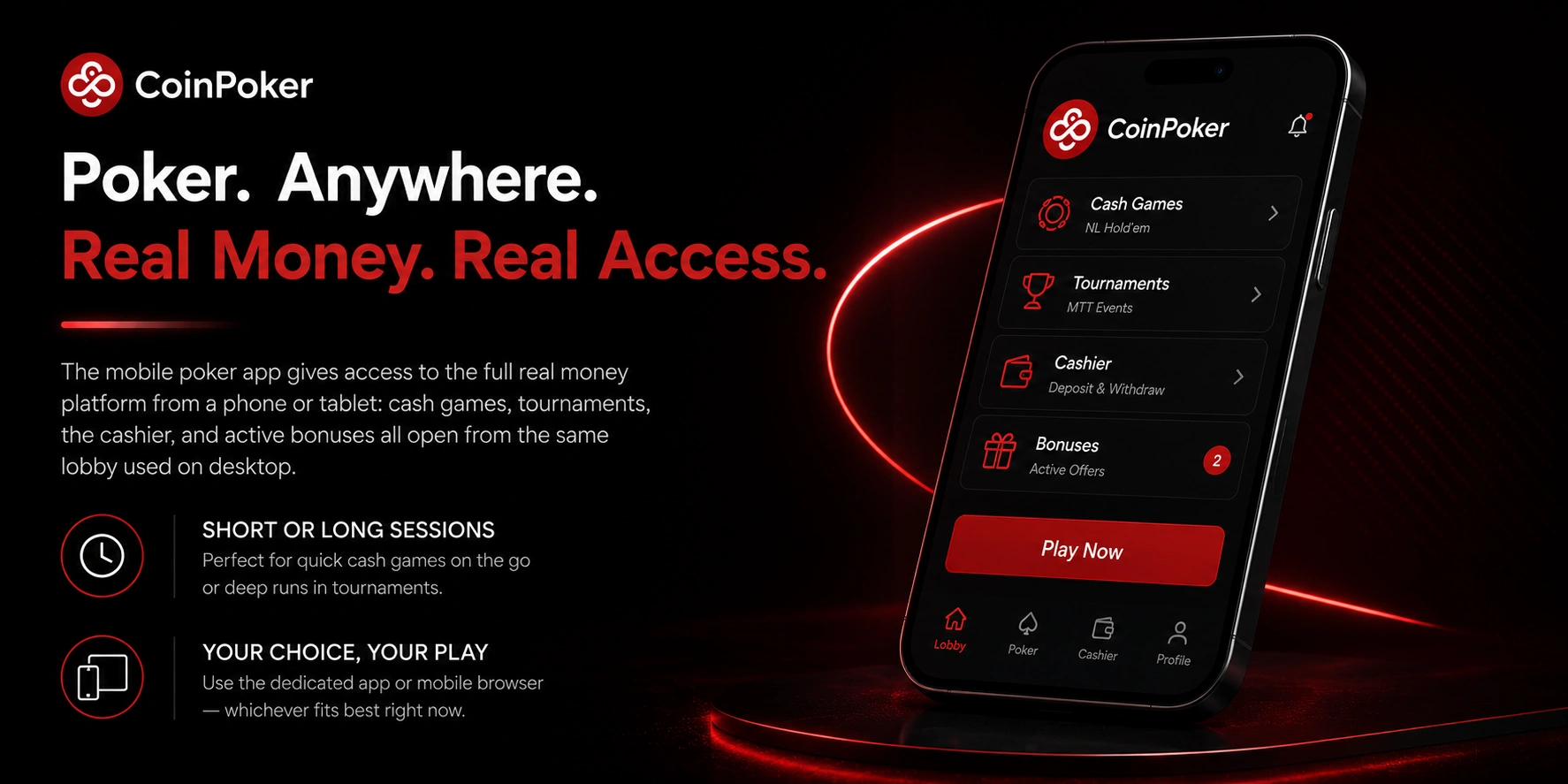 CoinPoker mobile lobby with cash games, tournaments and bonuses
