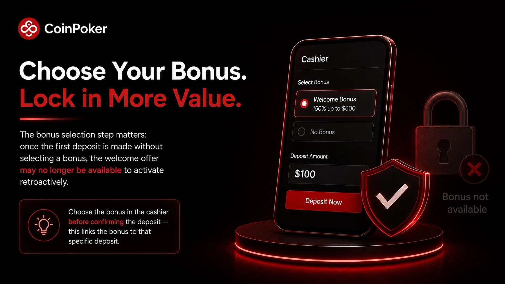 CoinPoker mobile cashier with bonus selection before deposit