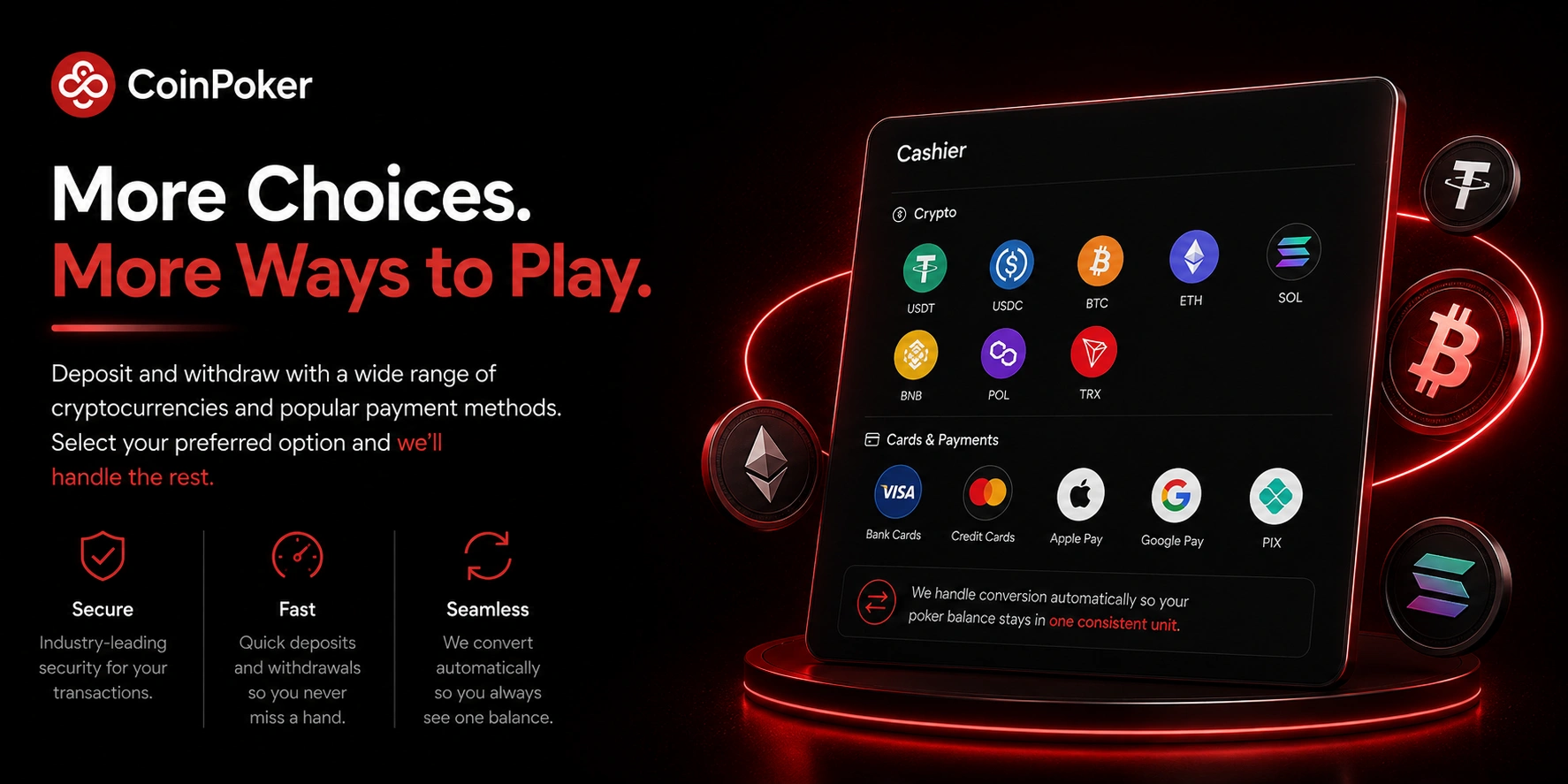 CoinPoker cashier screen with crypto and card payment options