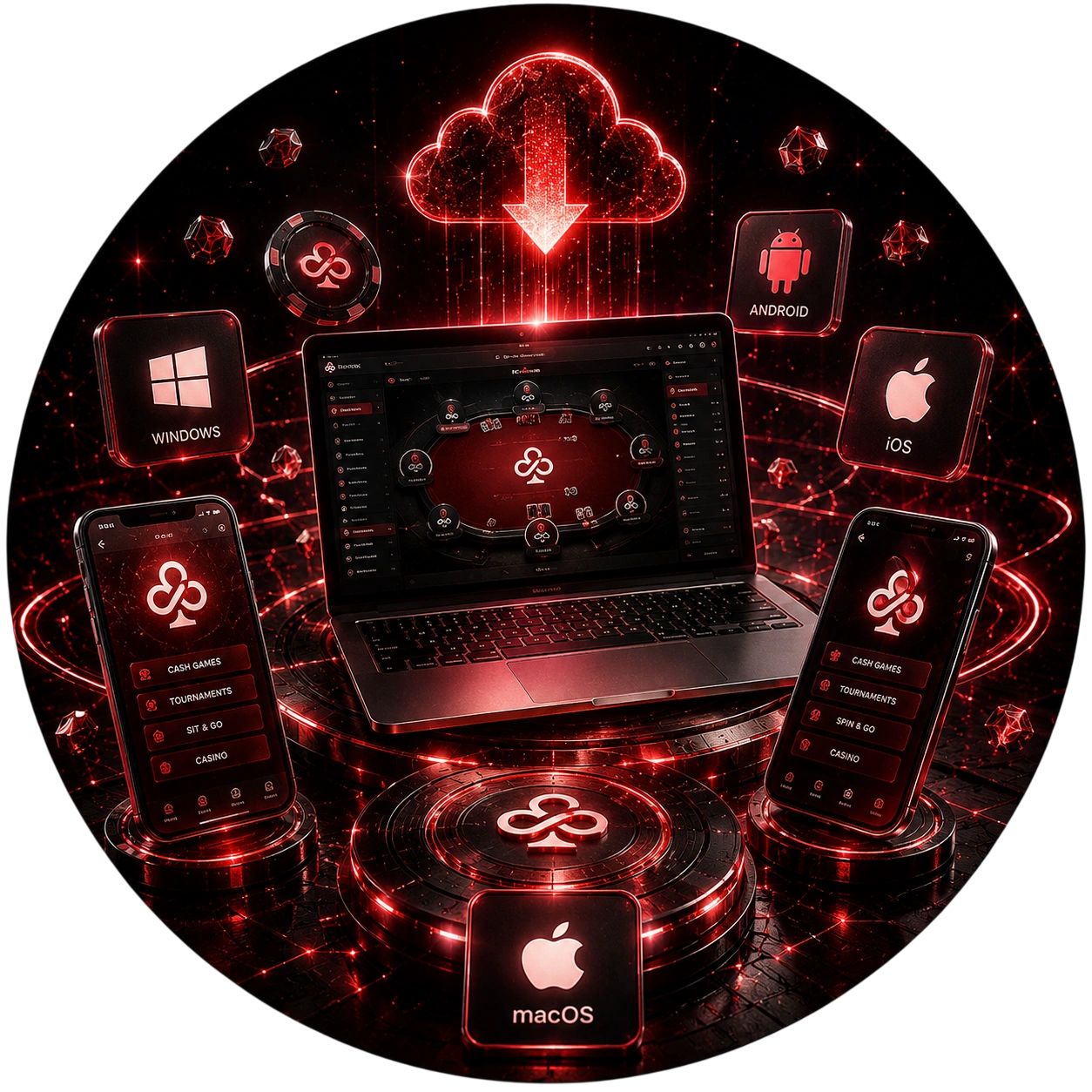 CoinPoker platform shown across Windows, Mac, iOS and Android