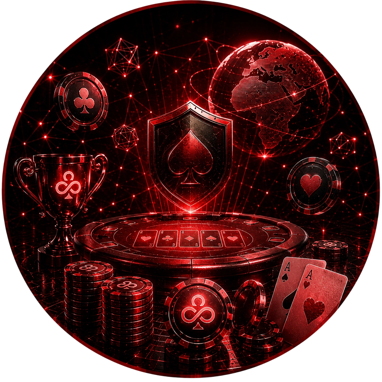CoinPoker poker table with trophy, shield and stacked chips