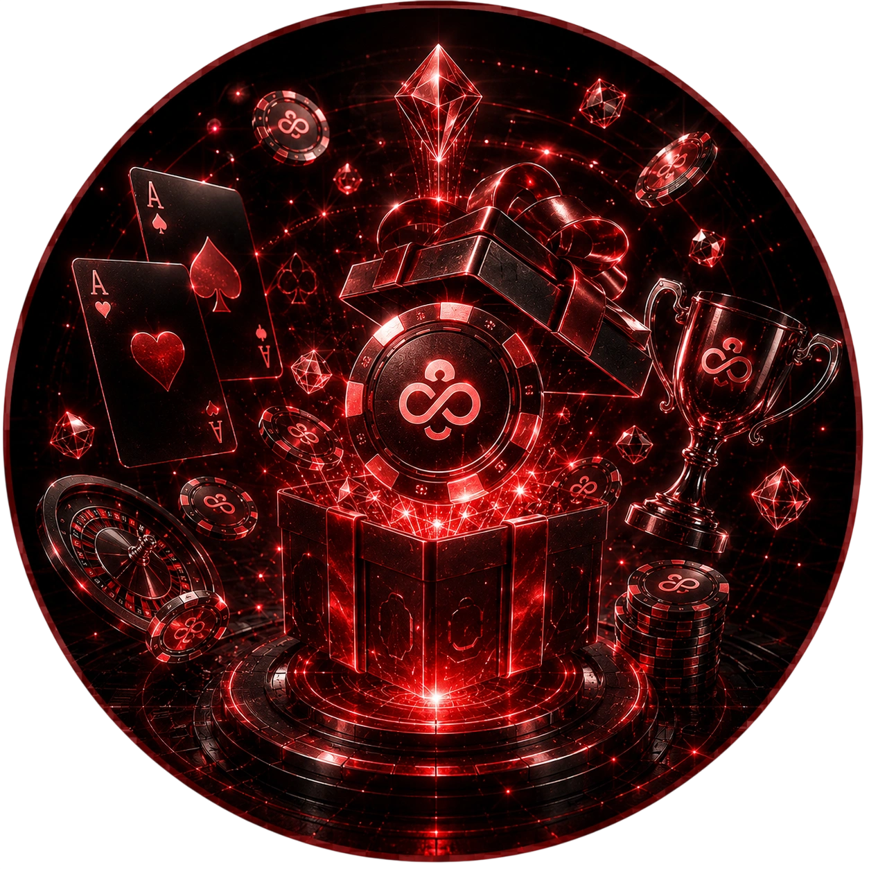 CoinPoker gift box opening with chips, cards and trophy